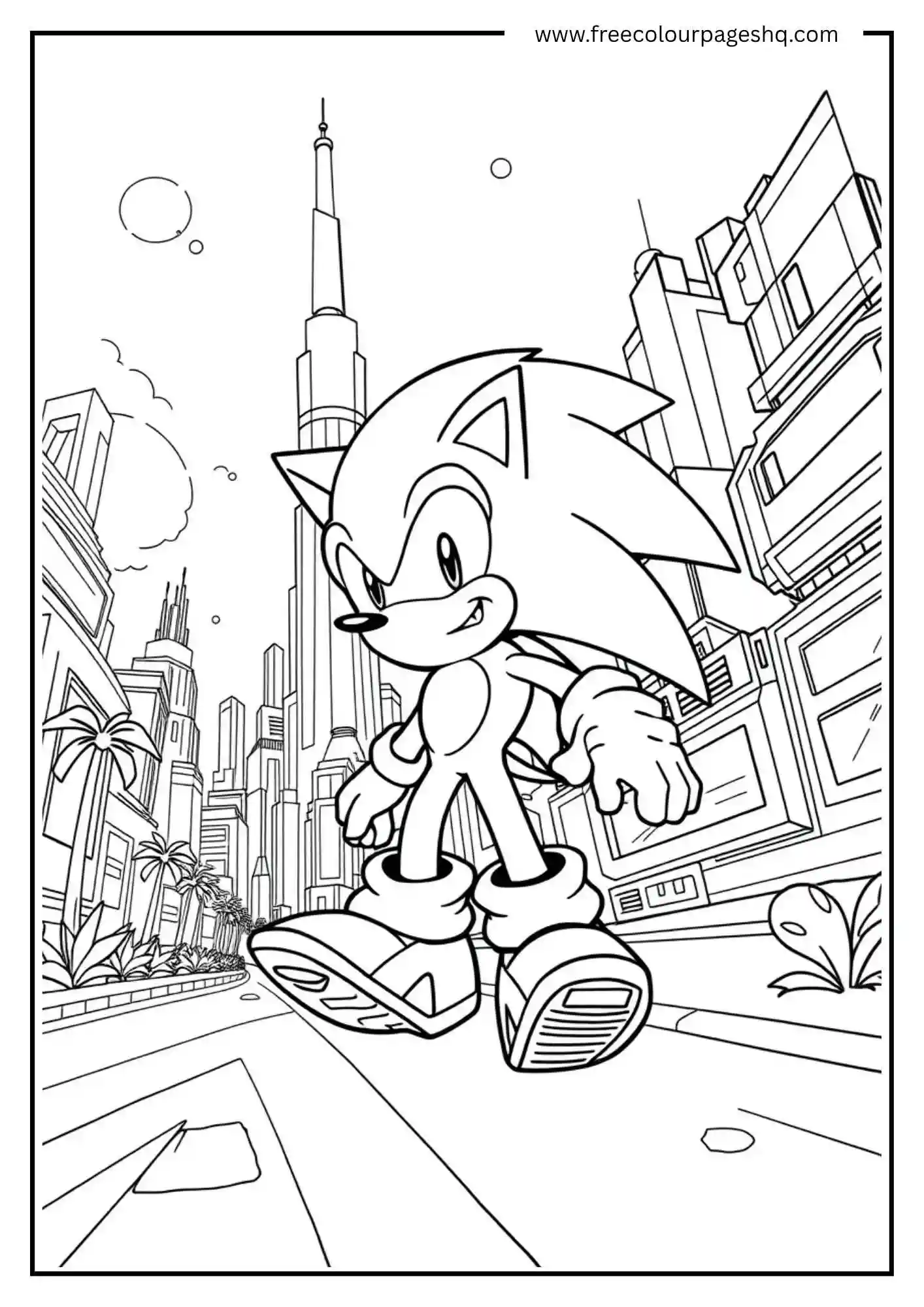 Sonic Walking Through Futuristic City