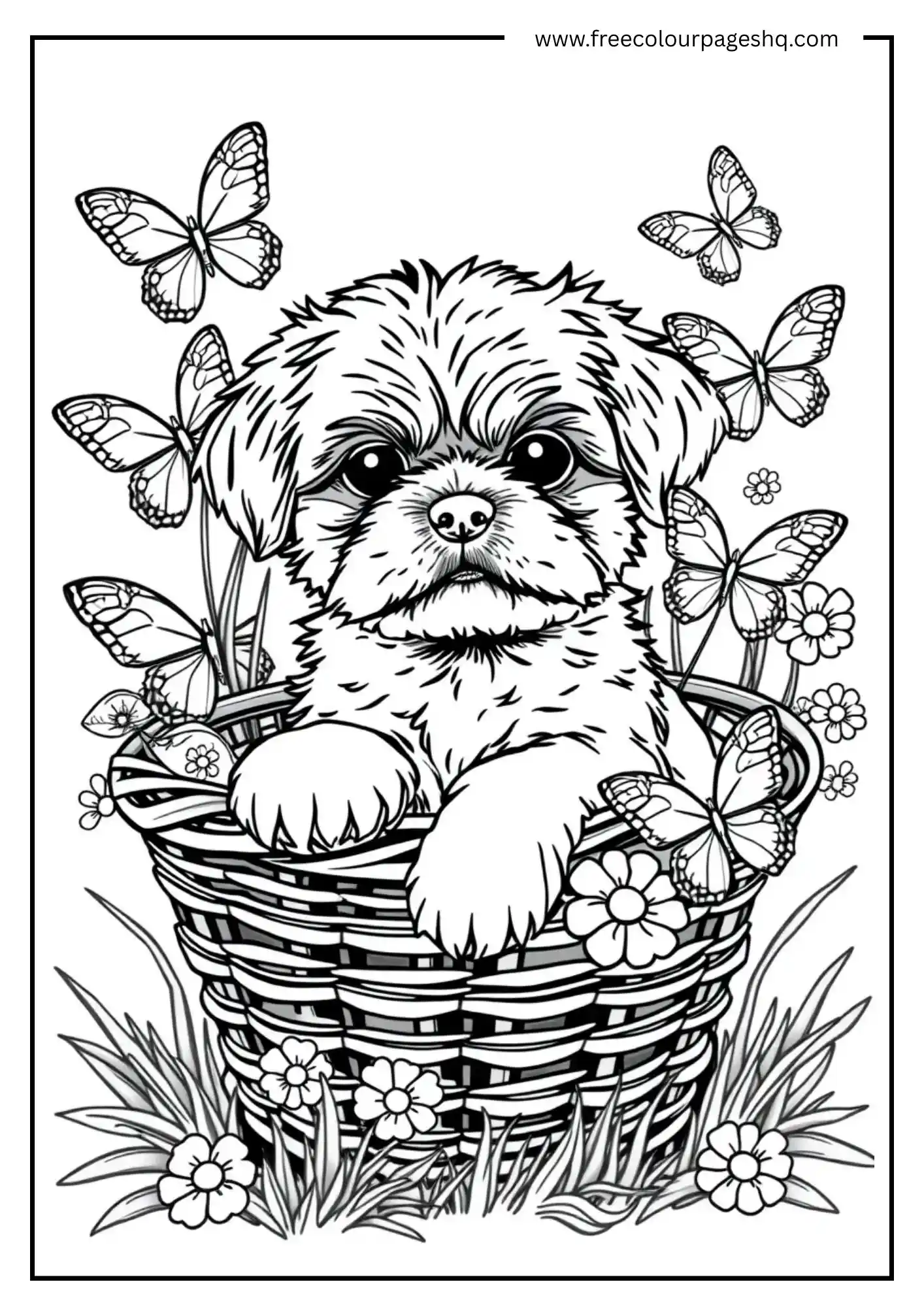 Puppy in a Basket with Butterflies