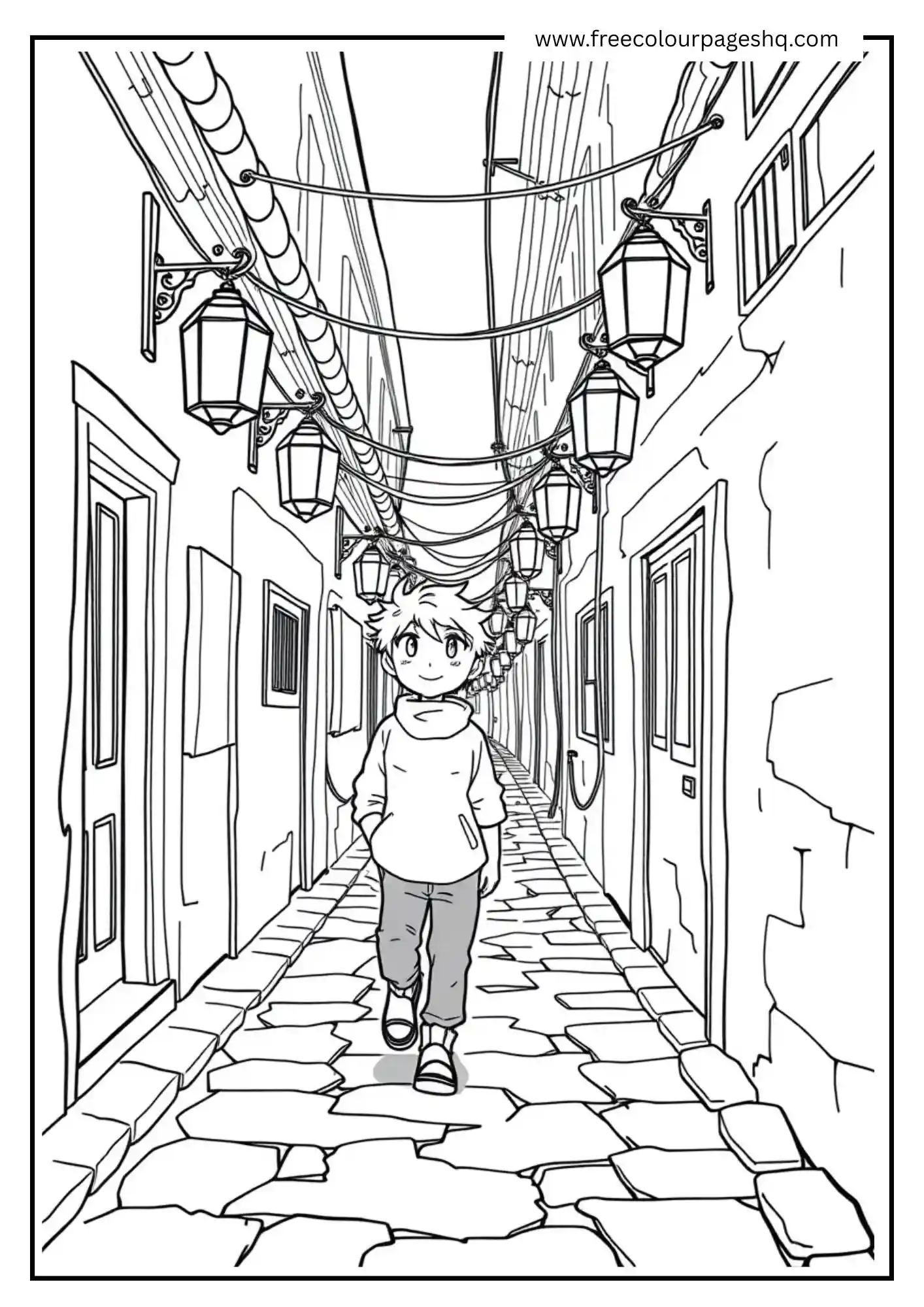 Anime Boy in Alley with Lanterns