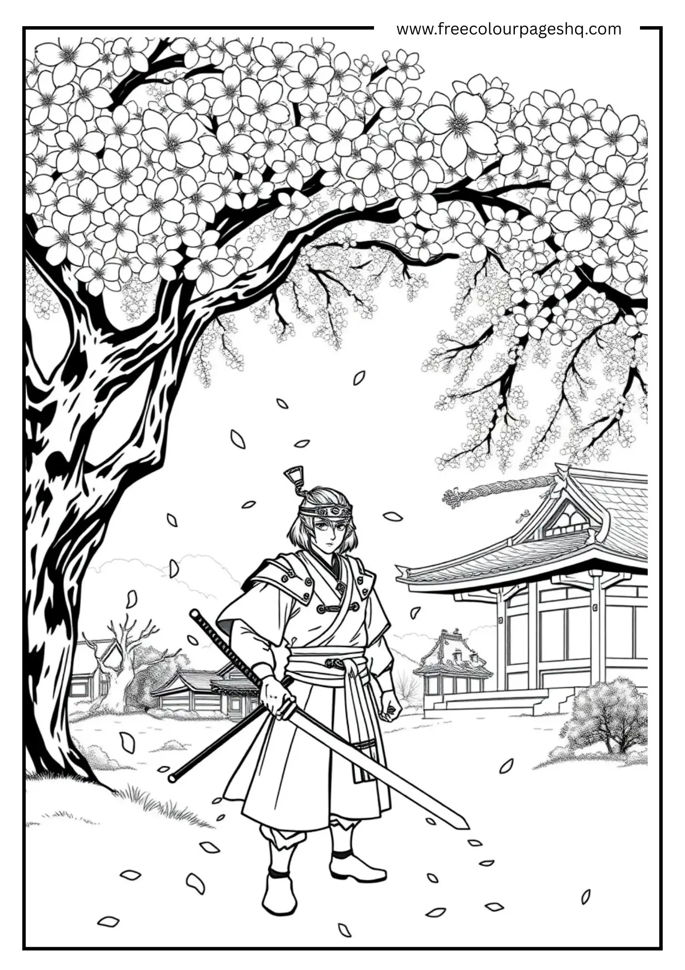 Anime Samurai in Cherry Blossoms