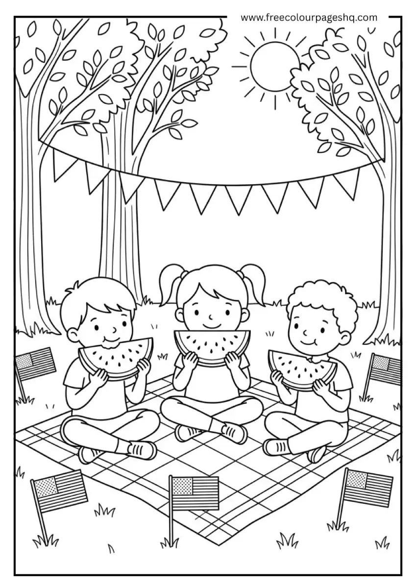 4th of July Watermelon Picnic Coloring Page