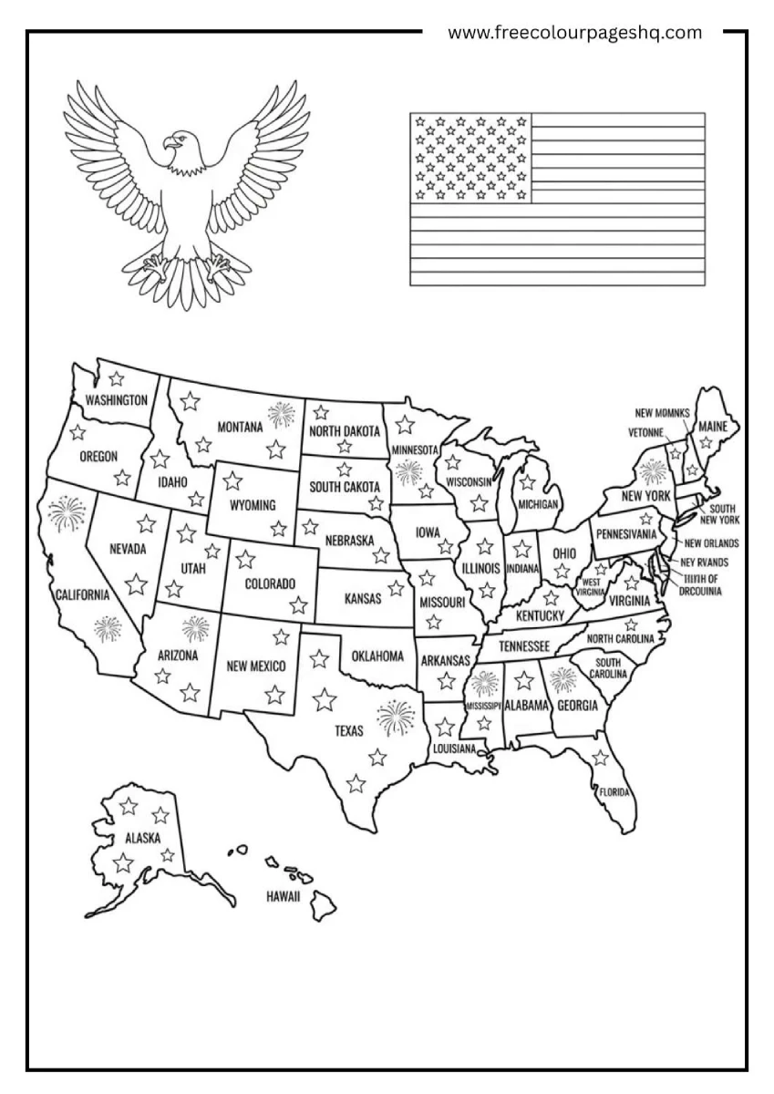 America Map 4th of July Coloring Page
