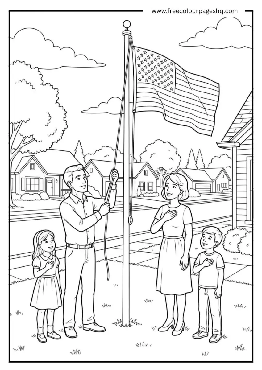 Flag Raising Ceremony 4th of July Coloring Page