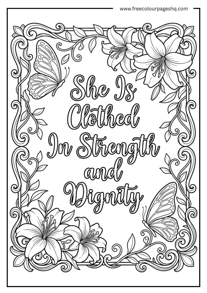 She Is Clothed In Strength and Dignity Bible Verse Coloring Page
