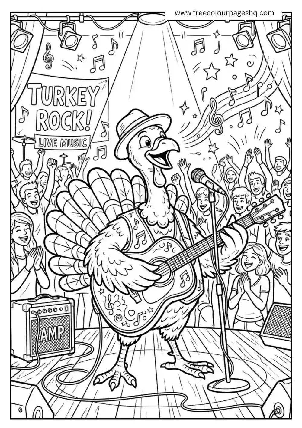 Turkey Playing Guitar Coloring Page
