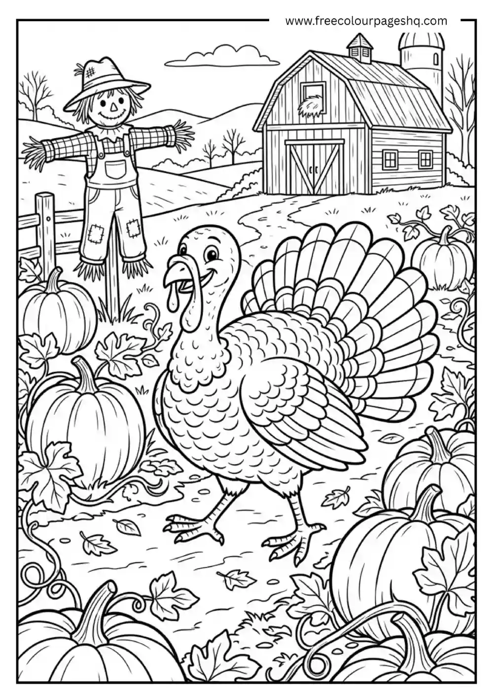 Turkey in Pumpkin Garden Coloring Page