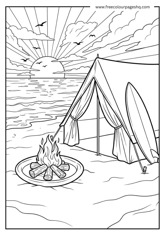 Beach Camping Sunset Coloring Page Beach Camping Sunset Coloring Page