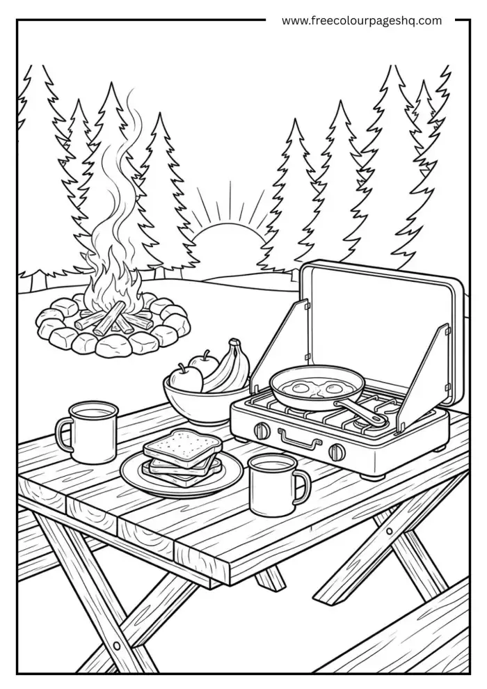Camp Breakfast on Folding Table Coloring Page Camp Breakfast on Folding Table Coloring Page