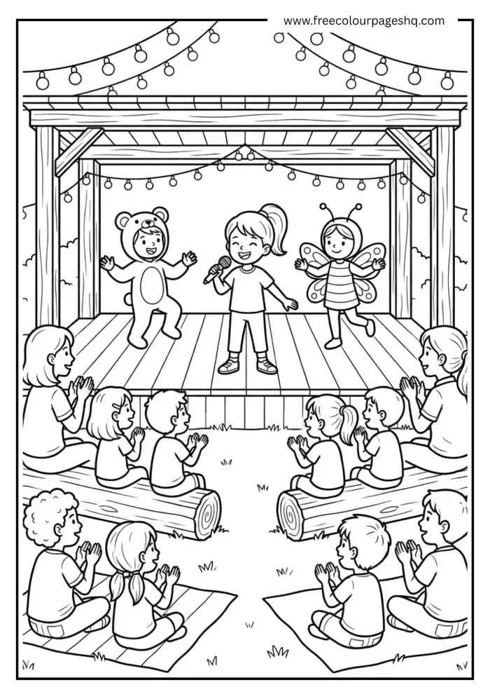 Camp Talent Show on Outdoor Stage Coloring Page Camp Talent Show on Outdoor Stage Coloring Page