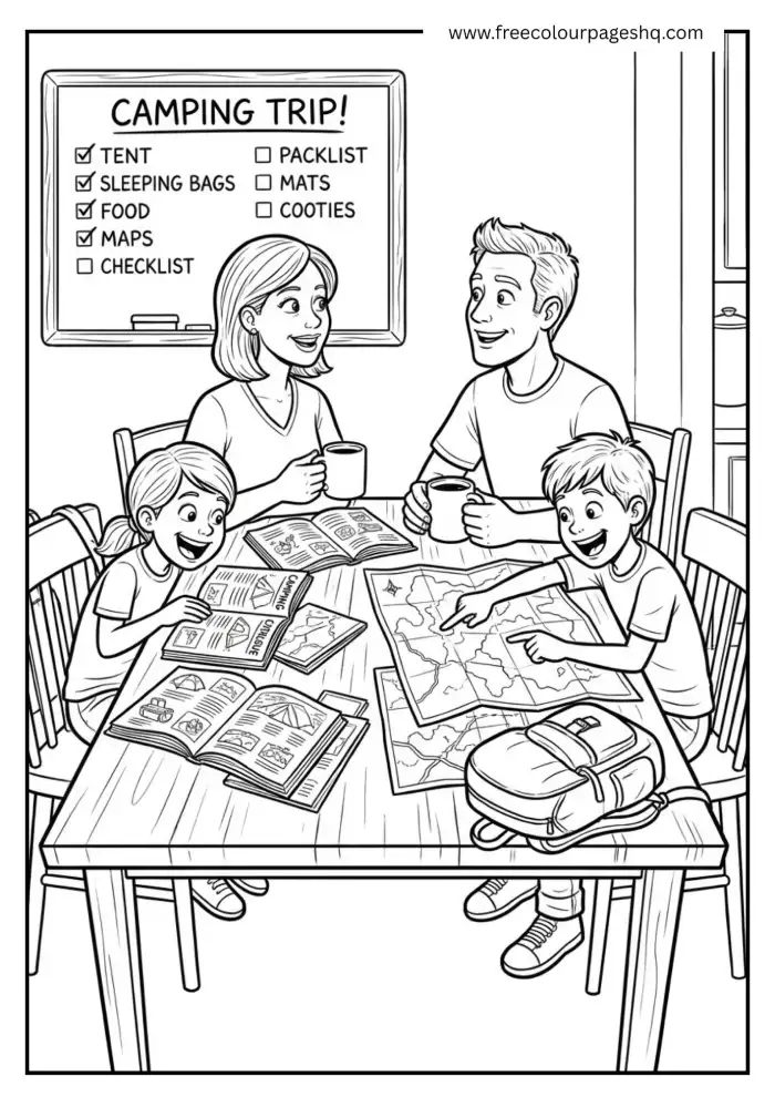 Camping Planning at Kitchen Table Coloring Page Camping Planning at Kitchen Table Coloring Page