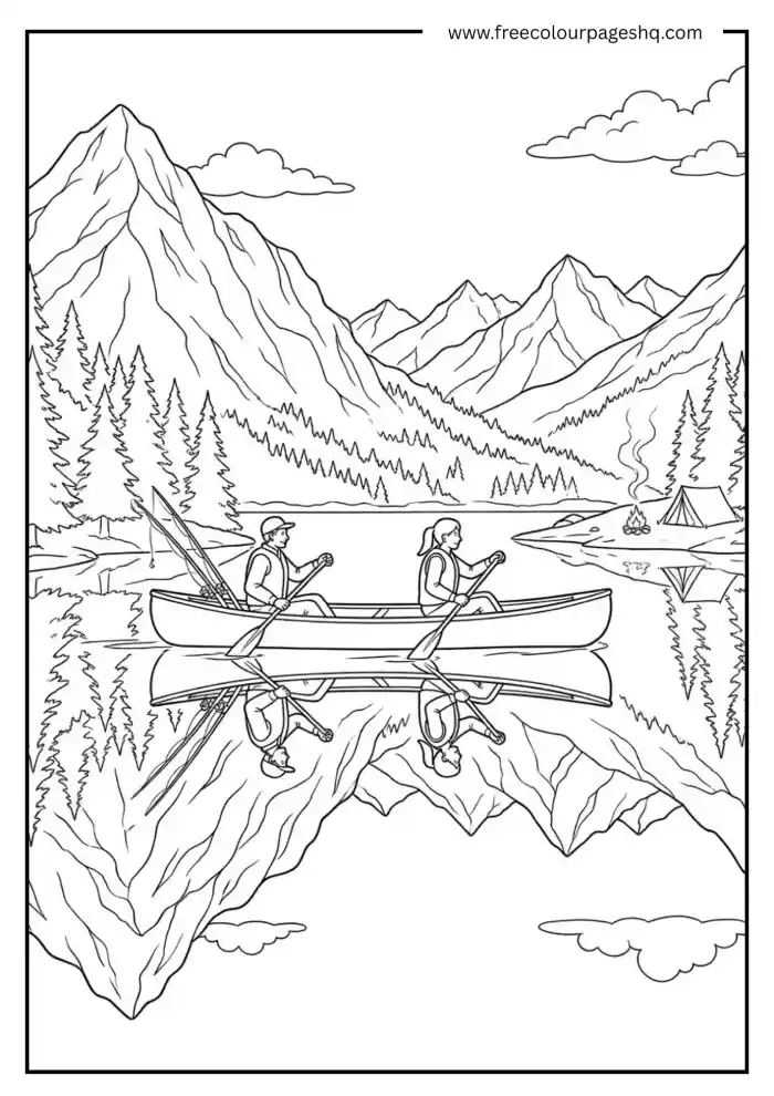 Canoe Trip on Calm Lake Coloring Page Canoe Trip on Calm Lake Coloring Page
