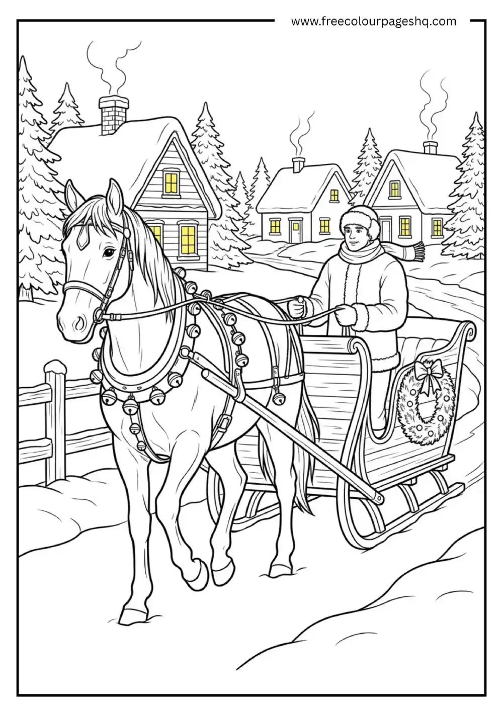Christmas Horse Pulling Santa Sleigh Coloring Printable