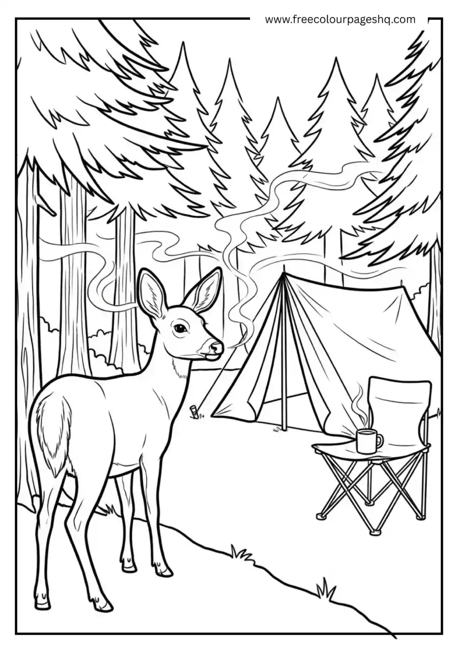 Deer Visiting Campsite at Dawn Coloring Page Deer Visiting Campsite at Dawn Coloring Page