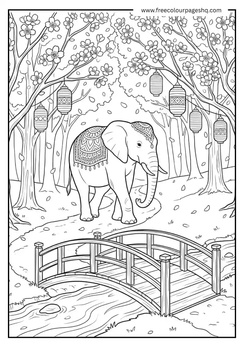 Elephant in Cherry Blossom Forest