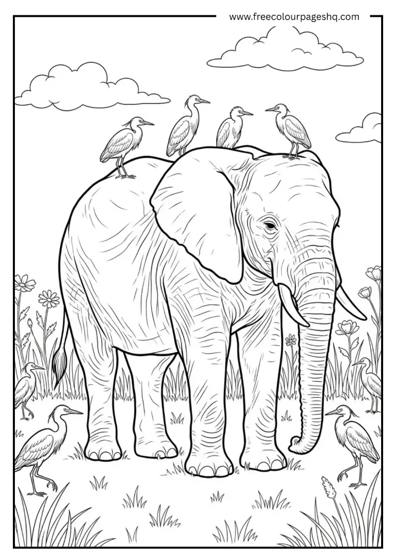 Elephant with Egret Birds