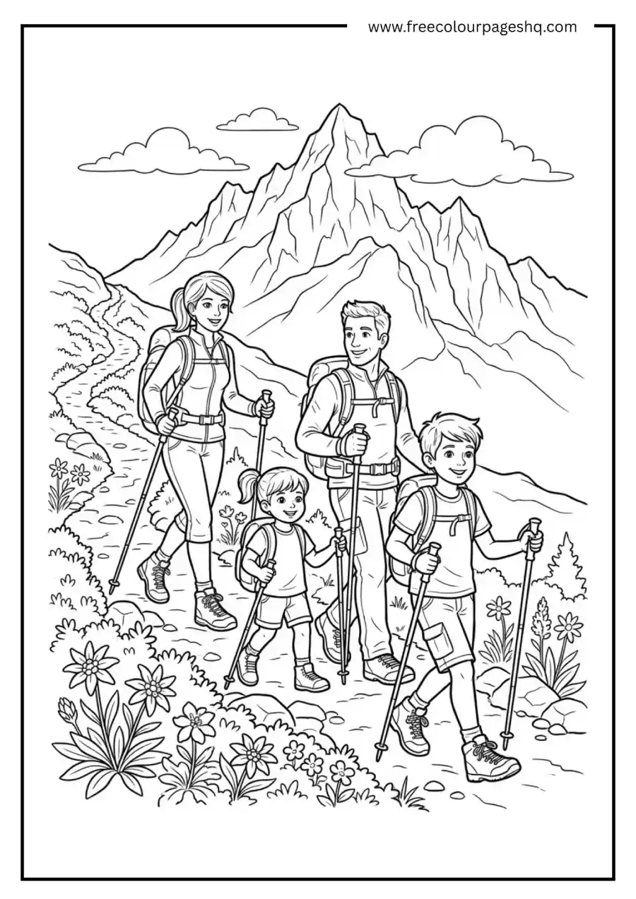 Family Hiking Mountain Trail Coloring Page Family Hiking Mountain Trail Coloring Page
