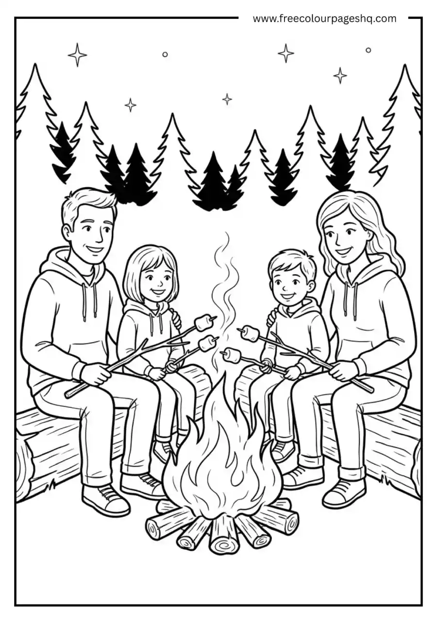 Family Roasting Marshmallows Campfire Coloring Page Family Roasting Marshmallows Campfire Coloring Page