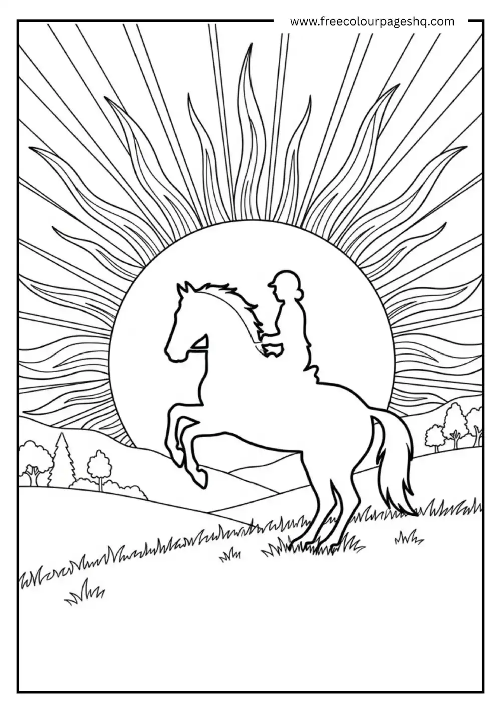 Horse Silhouette at Golden Sunset Coloring Page