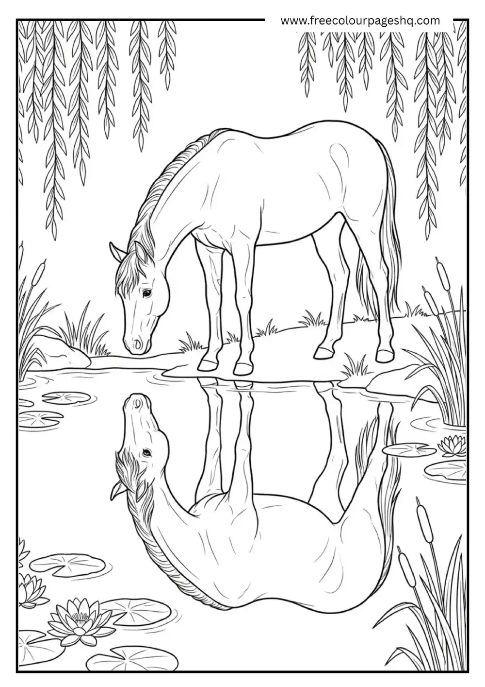 Horse Watching Its Reflection in Still Water Coloring Page