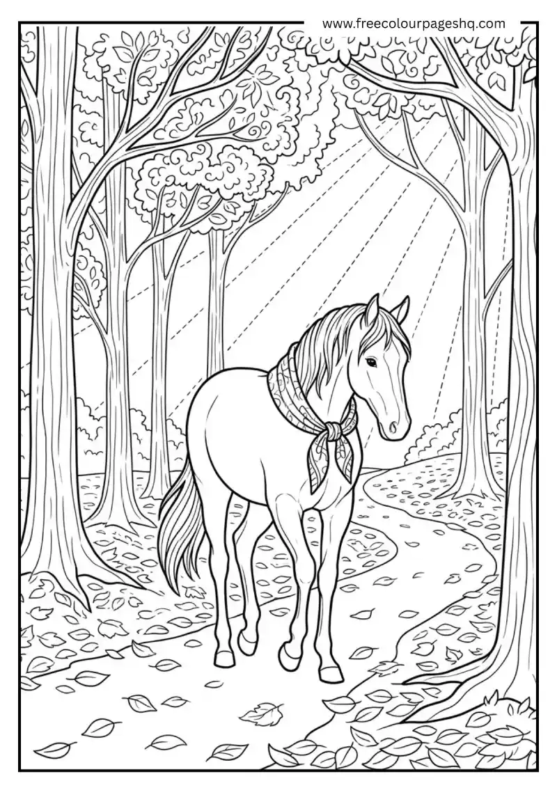 Horse in Autumn Forest Coloring Sheet