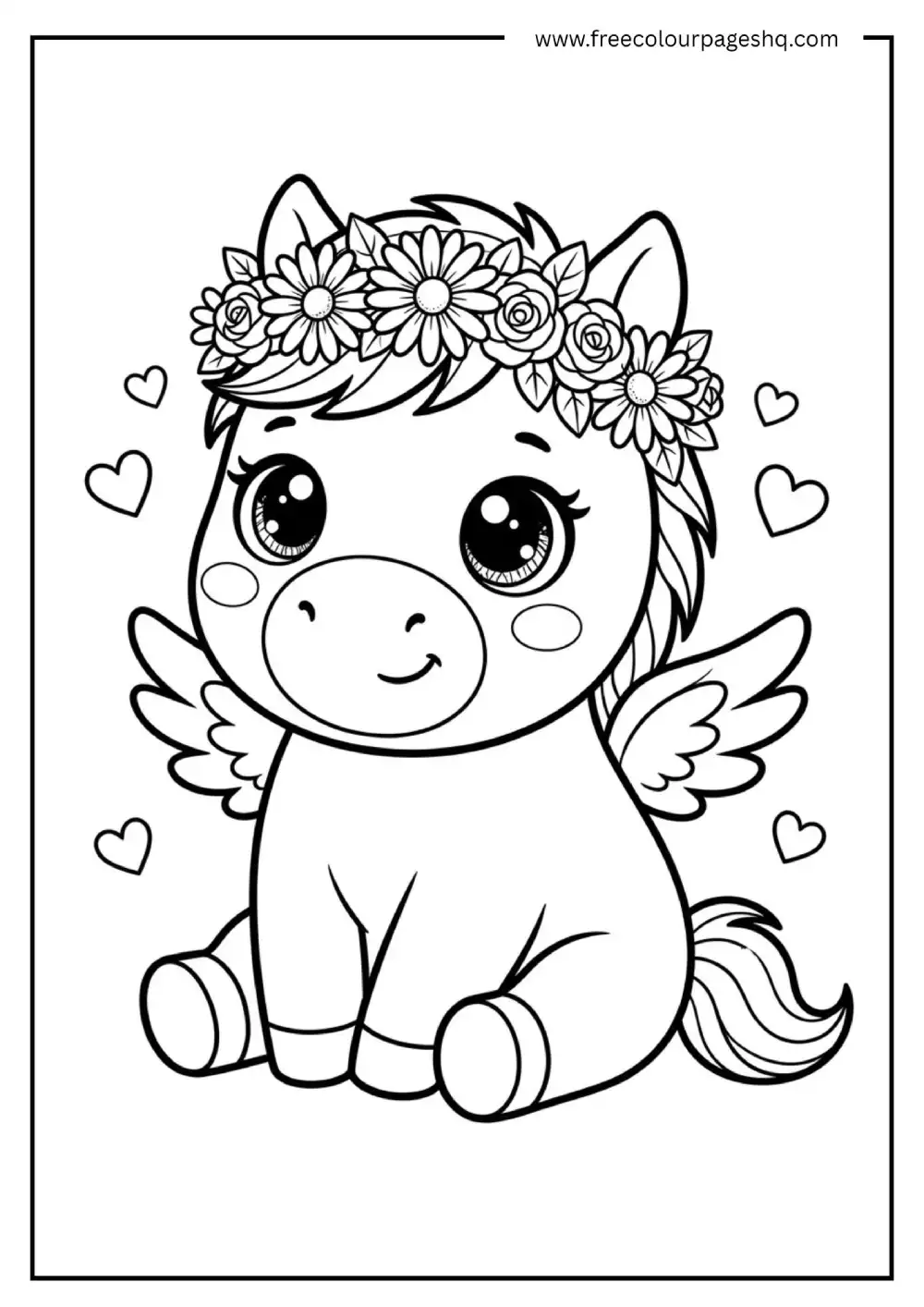Kawaii Baby Horse with Flower Crown Coloring Page