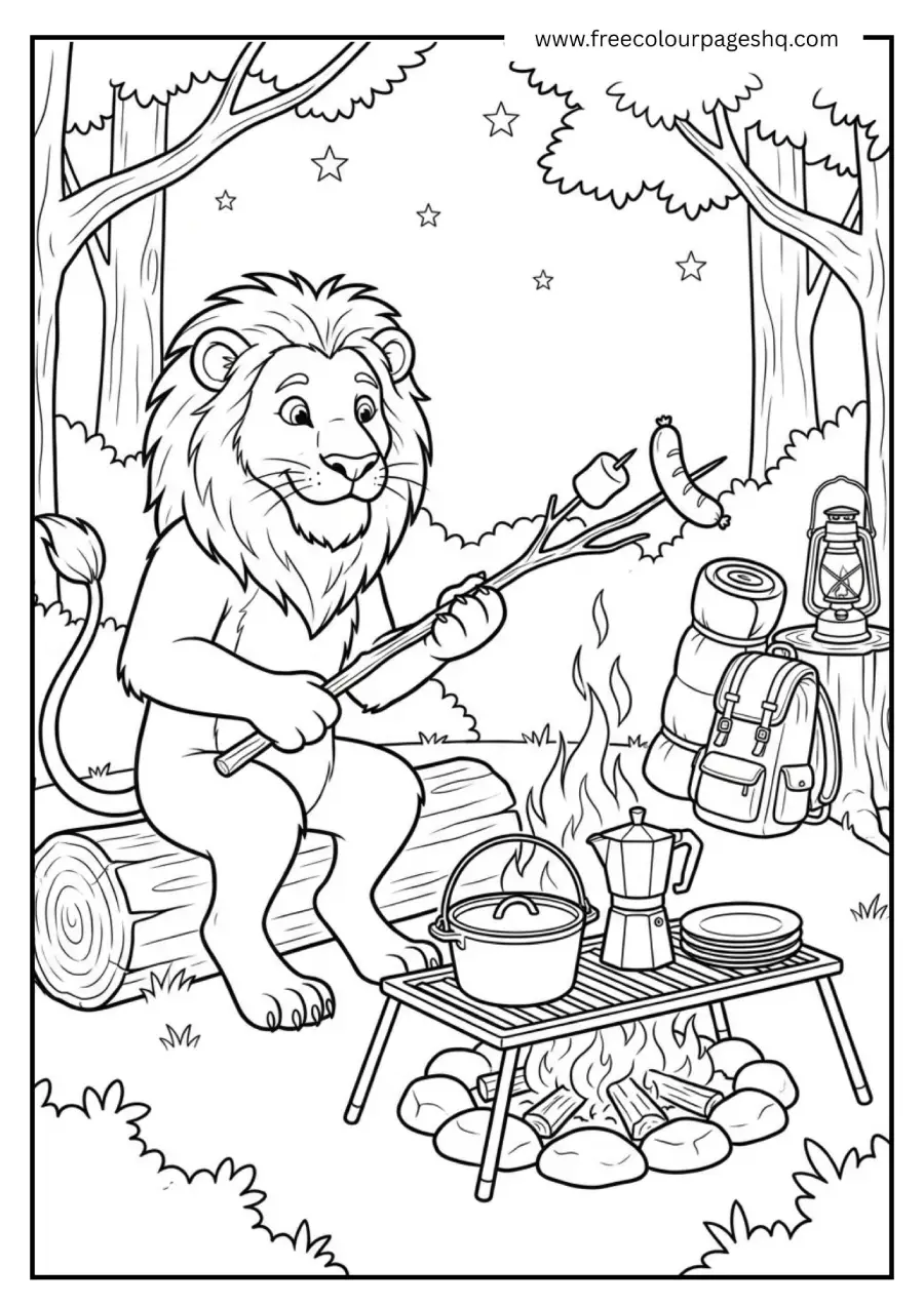 Lion Cooking Over Campfire