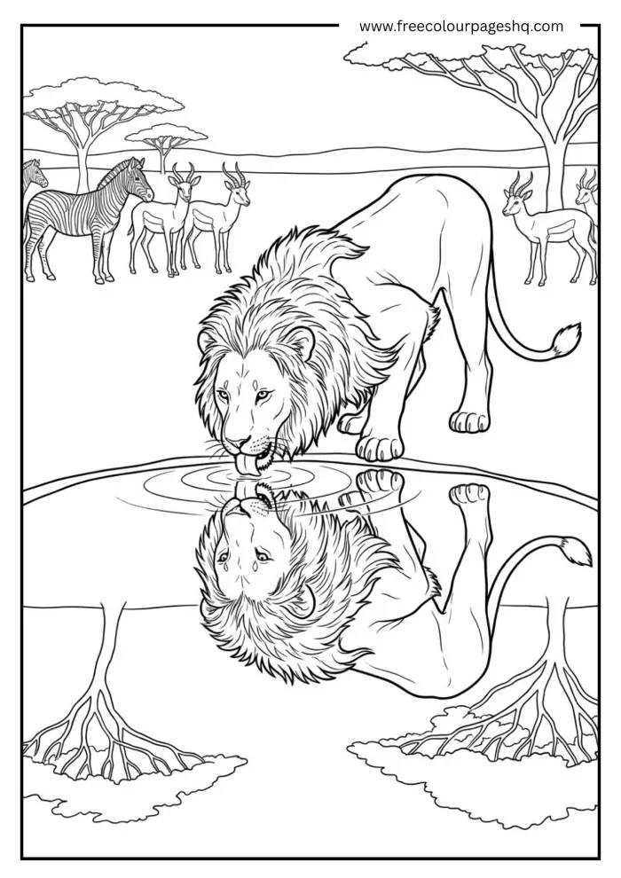 Lion Drinking at Waterhole