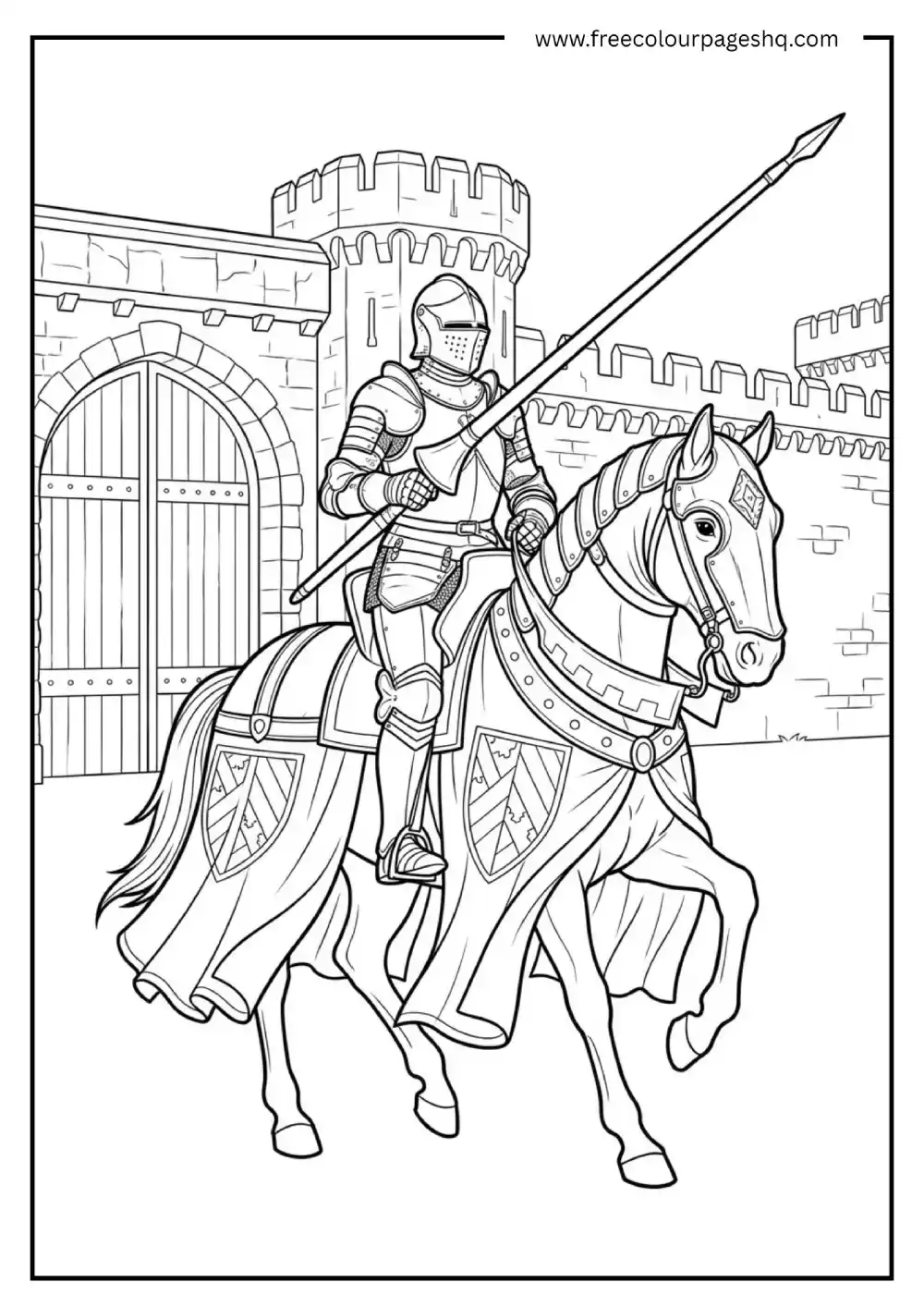 Medieval Knight on Armoured War Horse Coloring Page