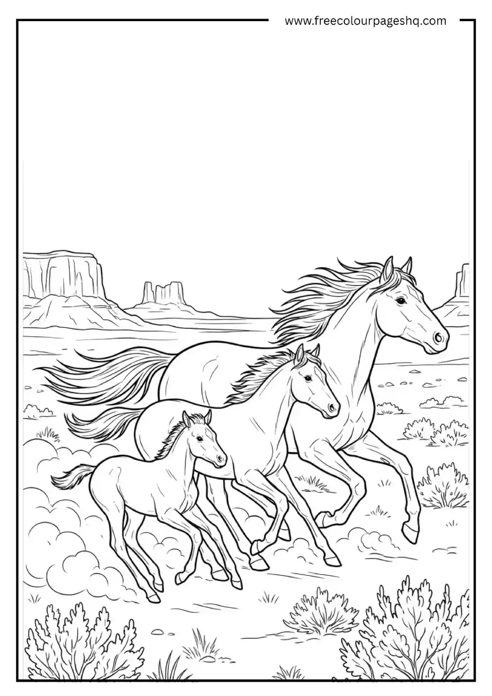 Mustang Wild Horse Herd Running Coloring Sheet