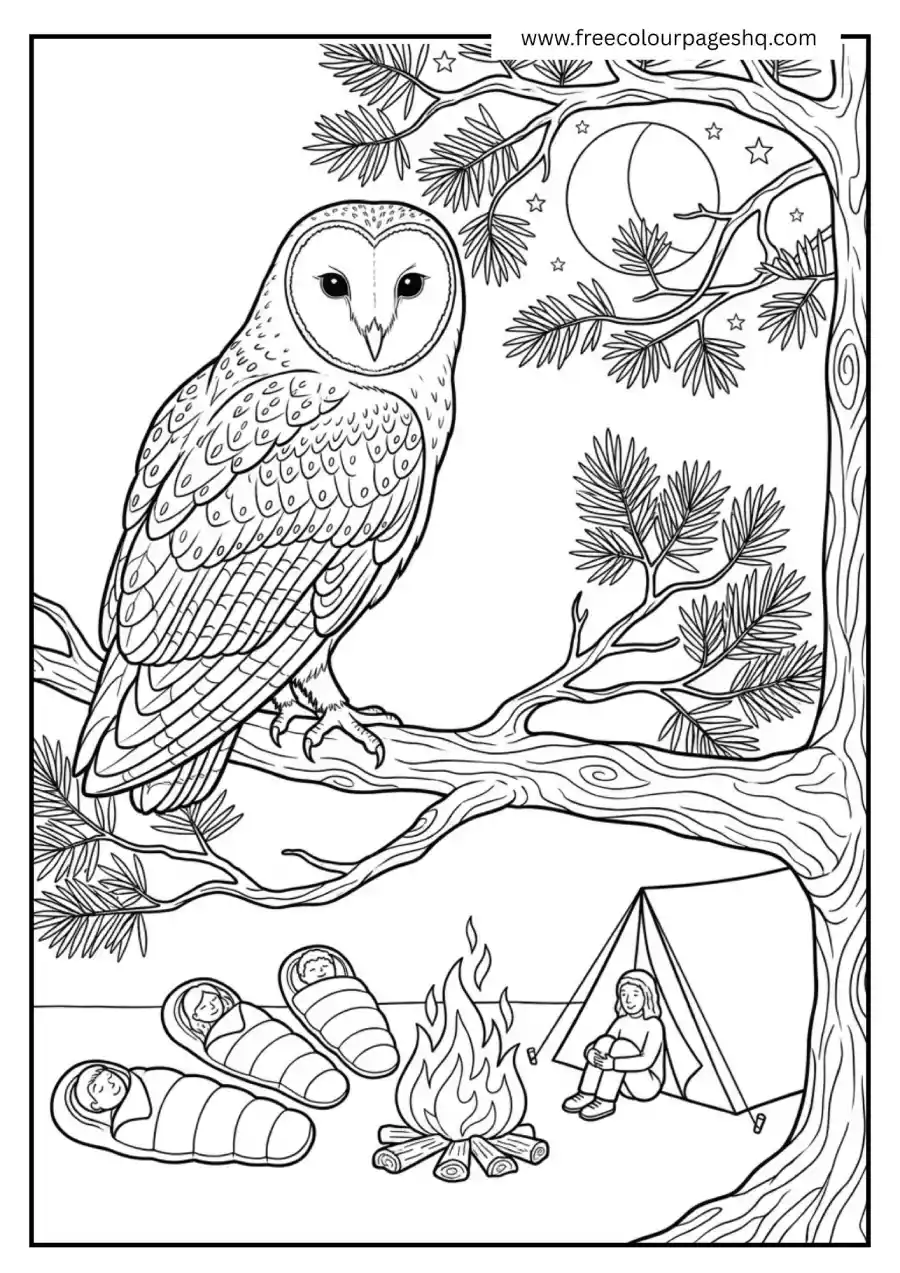 Owl Watching Campers from Tree Coloring Page Owl Watching Campers from Tree Coloring Page