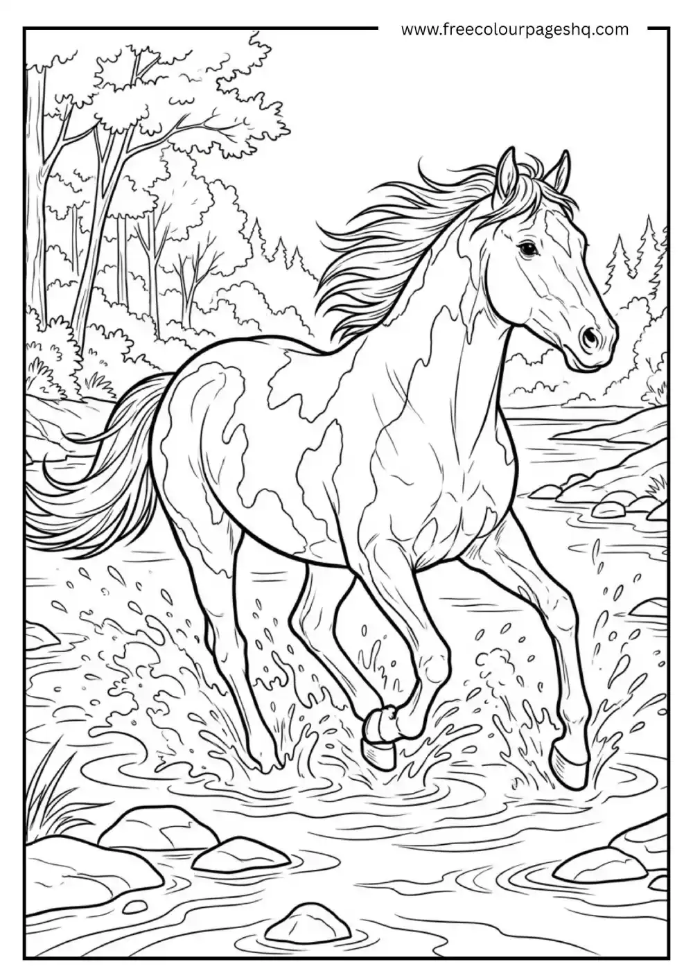Paint Horse Running Through River Coloring Sheet
