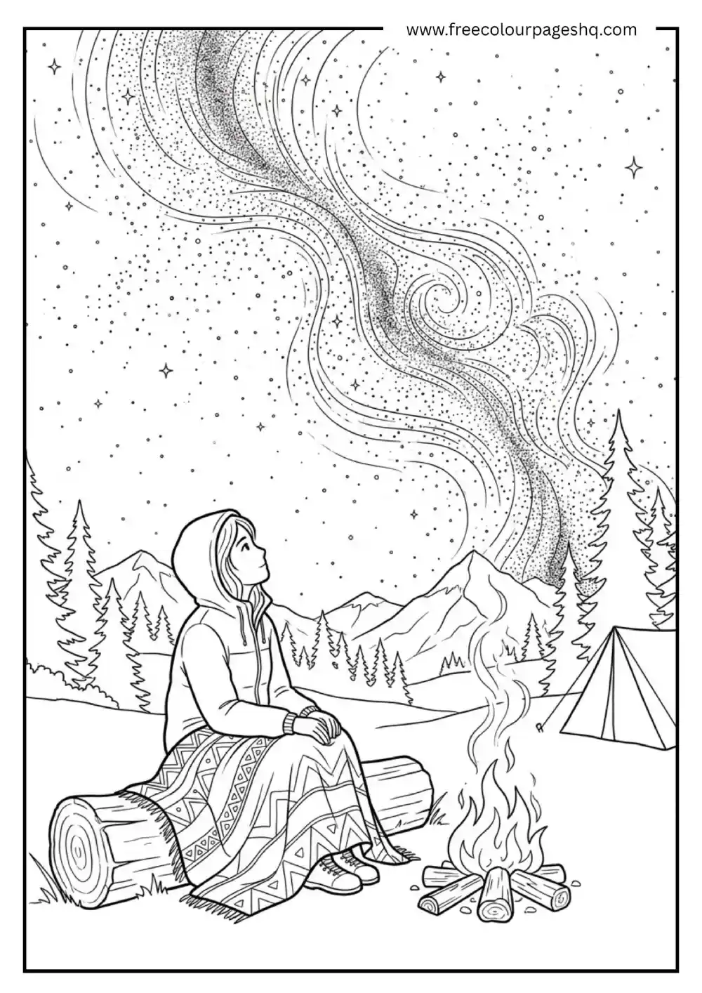 Solo Camper Stargazing by Fire Coloring Sheet Solo Camper Stargazing by Fire Coloring Sheet