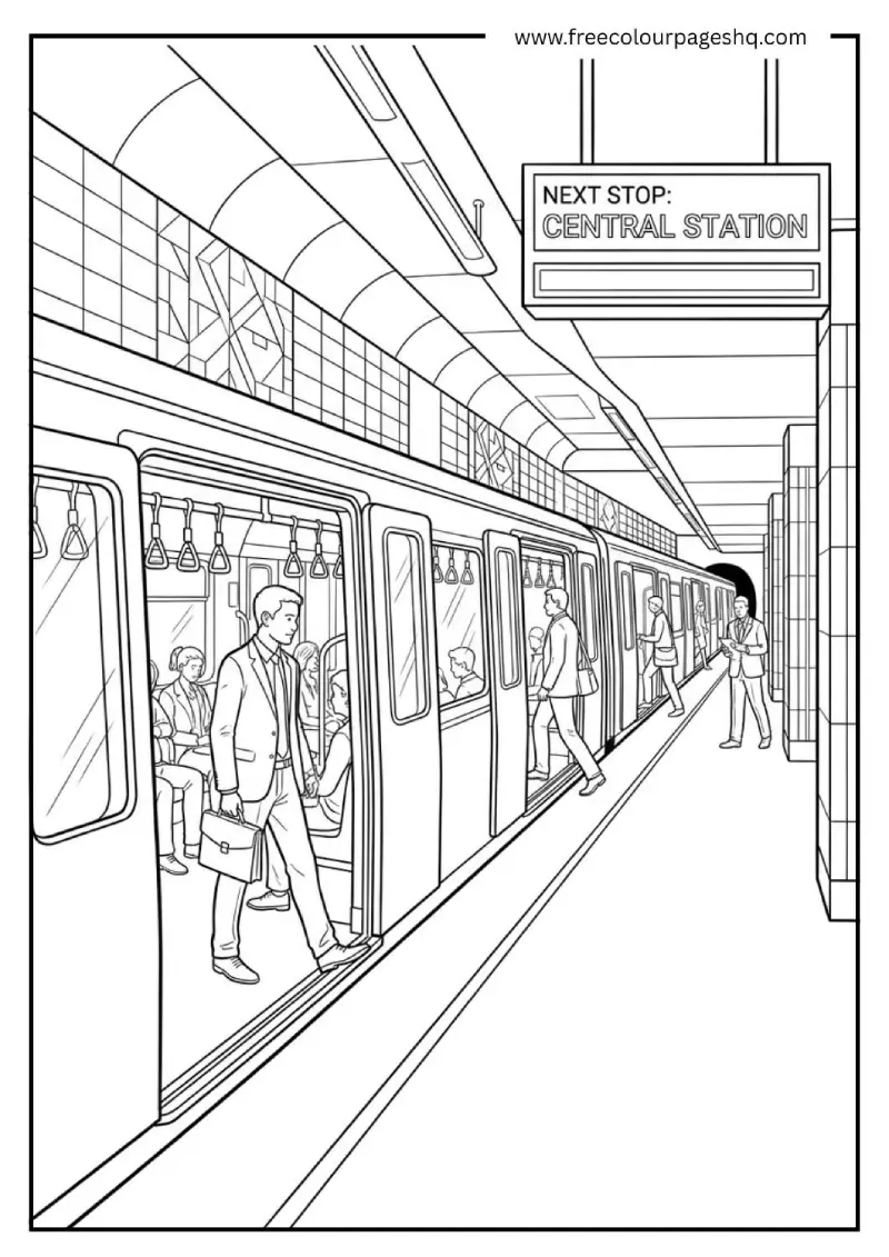 Subway train underground station coloring page Subway train underground station coloring page