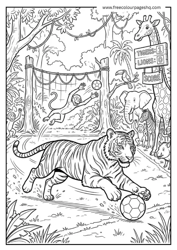 Tiger Playing Soccer Coloring Page