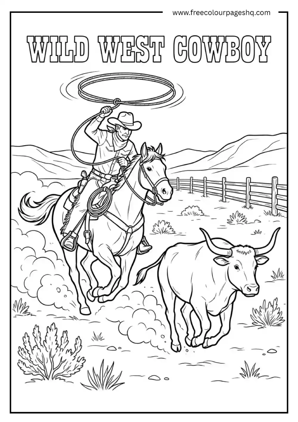 Wild West Cowboy Roping Cattle Coloring Page
