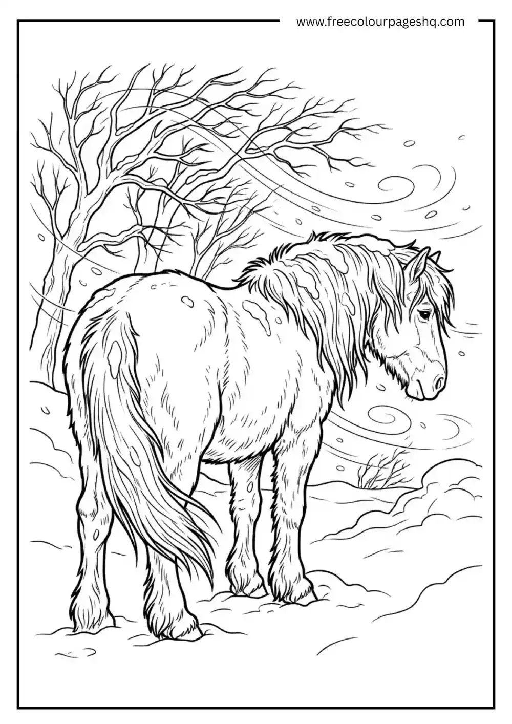 Winter Horse in Snowstorm Coloring Sheet