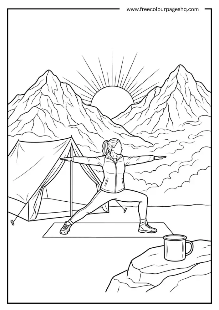 Yoga at Sunrise Campsite Coloring Page Yoga at Sunrise Campsite Coloring Page
