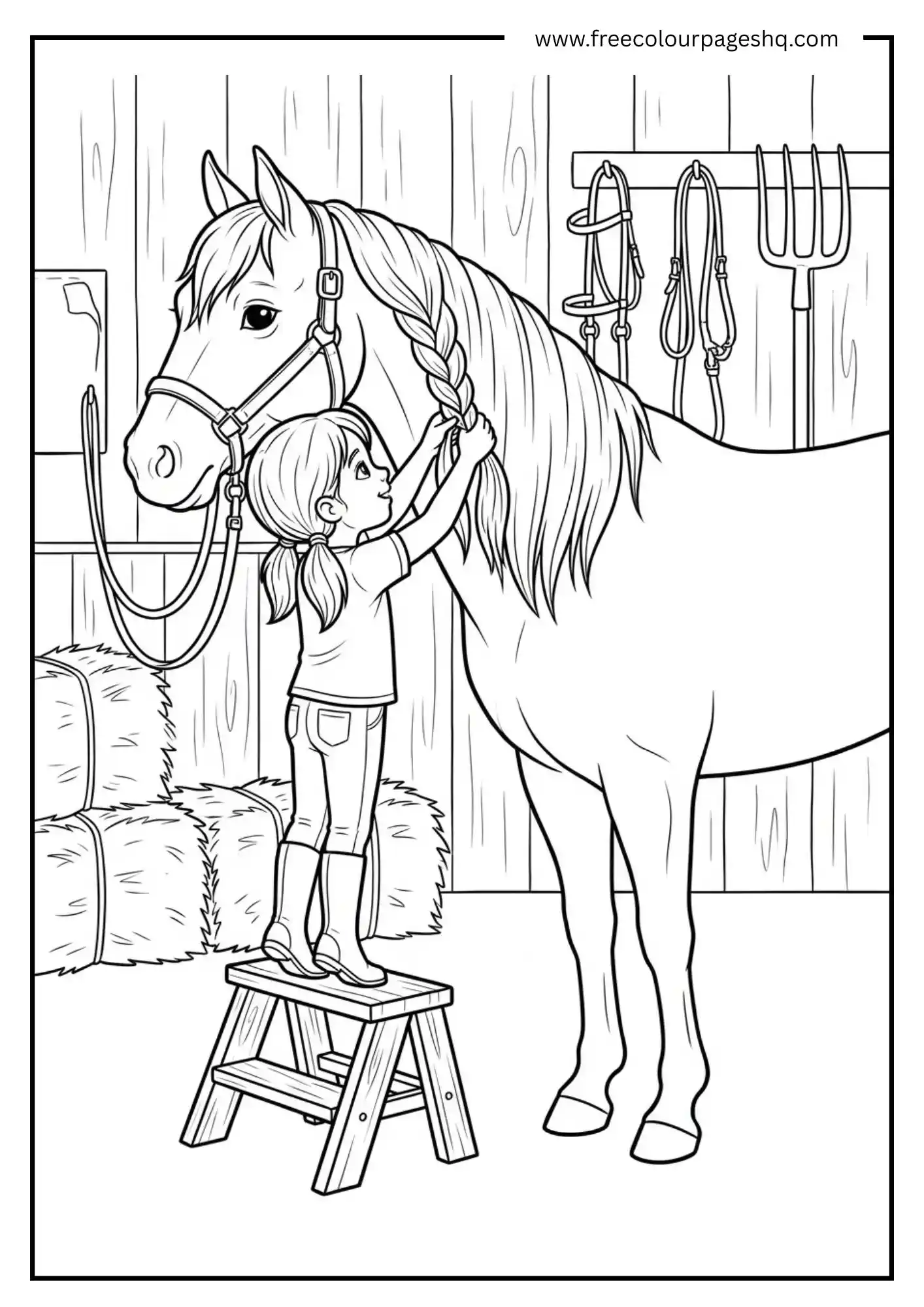 Young Girl Braiding Horse Mane Coloring Printable