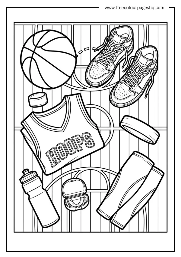 basketball equipment flat lay coloring page
