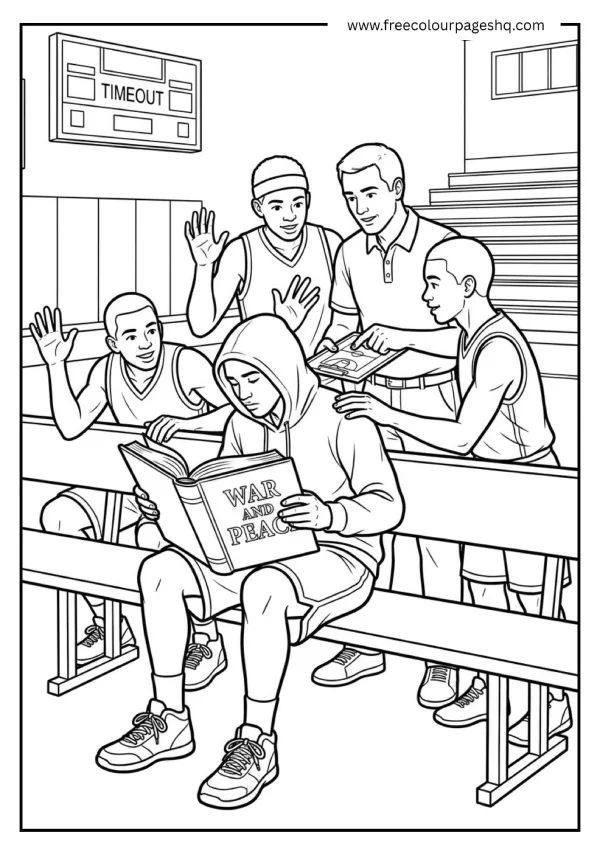 basketball player reading during timeout coloring page