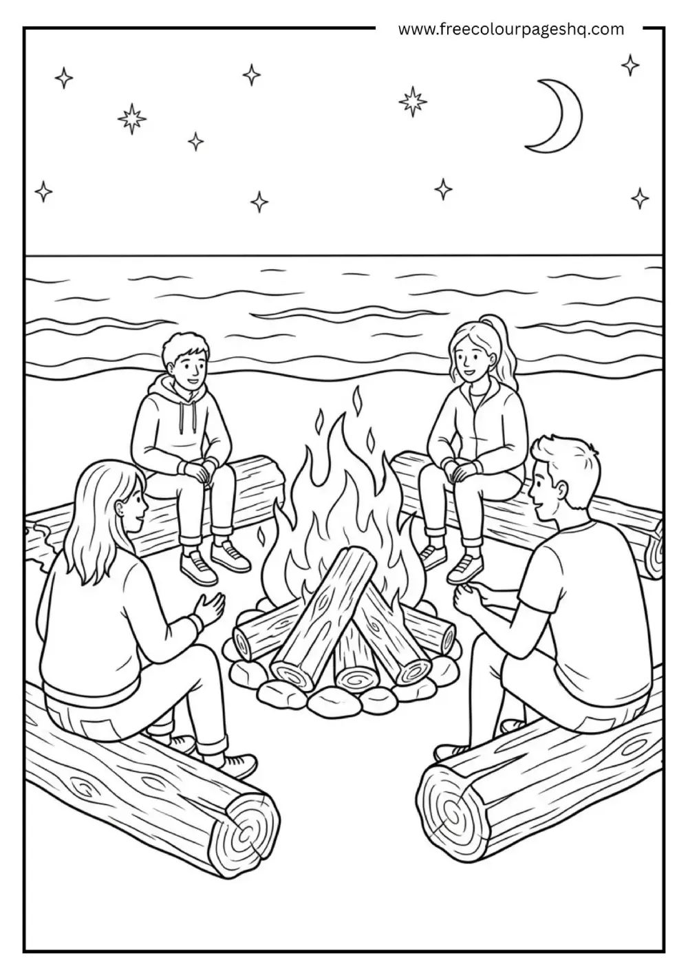 beach bonfire night coloring page for teens and adults