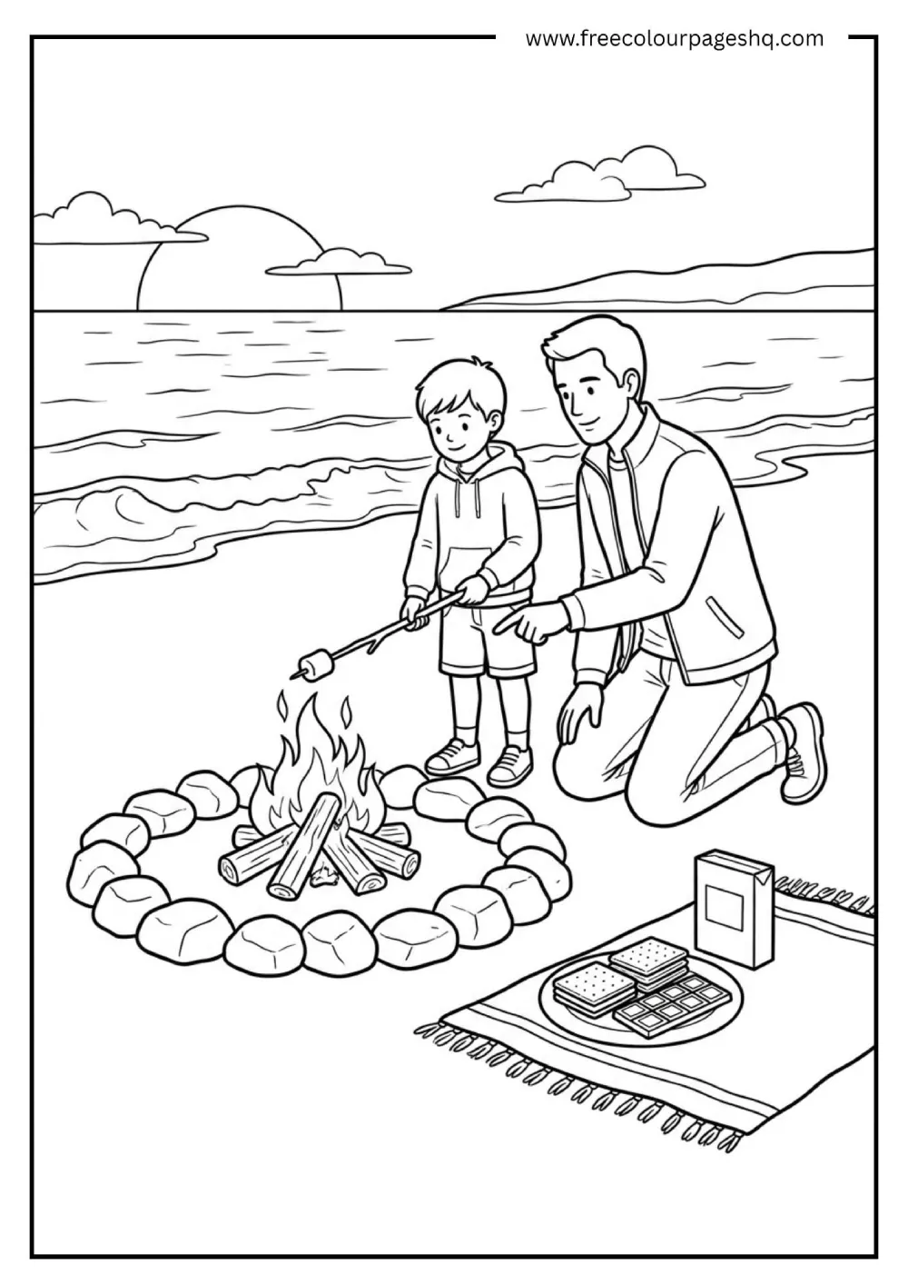 beach bonfire smores coloring page for kids