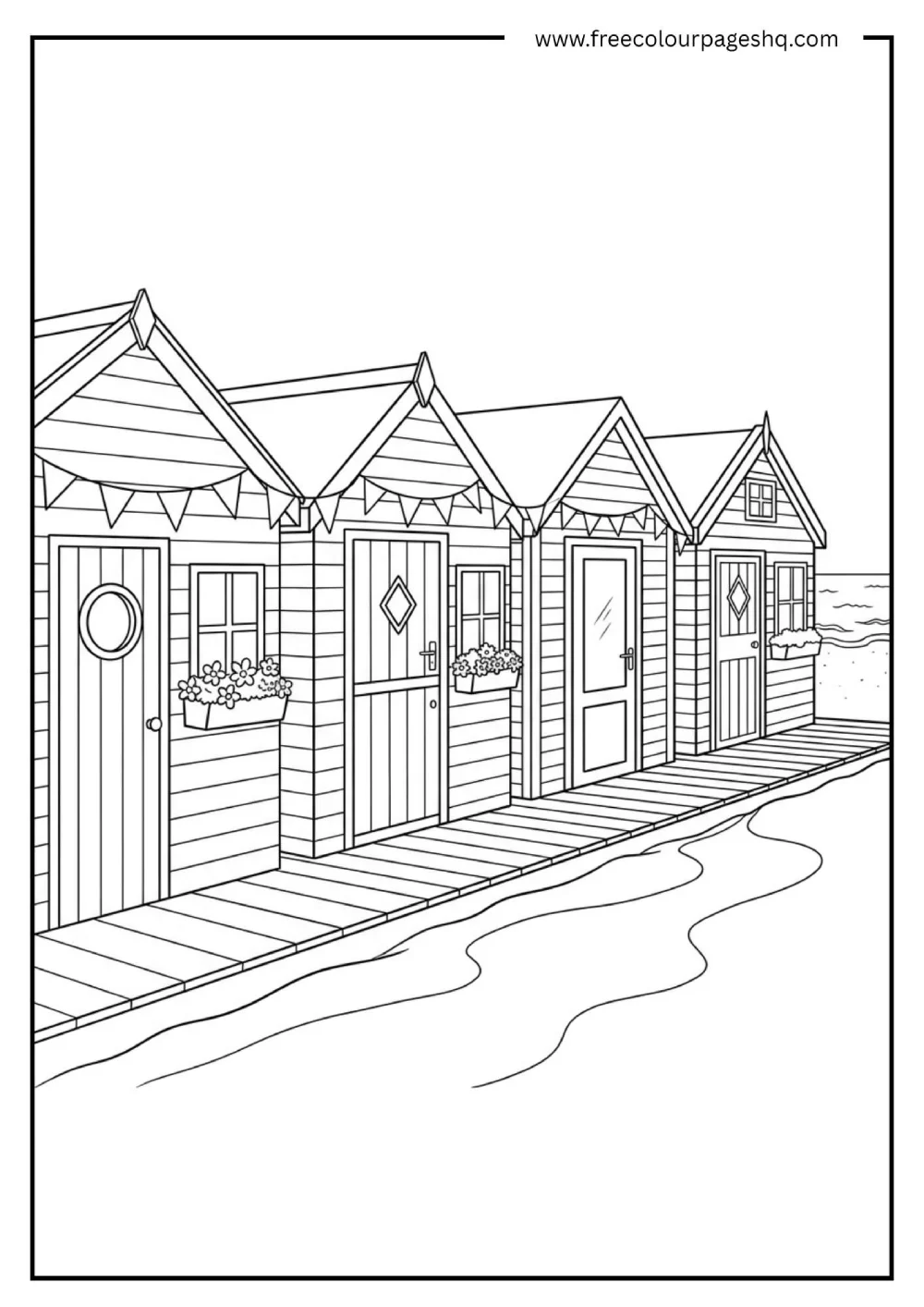 beach hut row coloring page