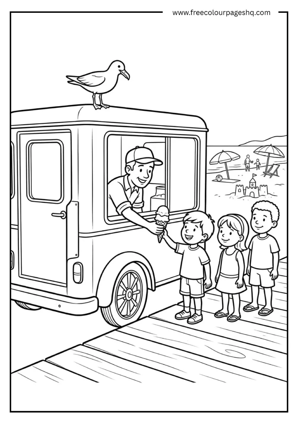 beach ice cream vendor coloring page for kids