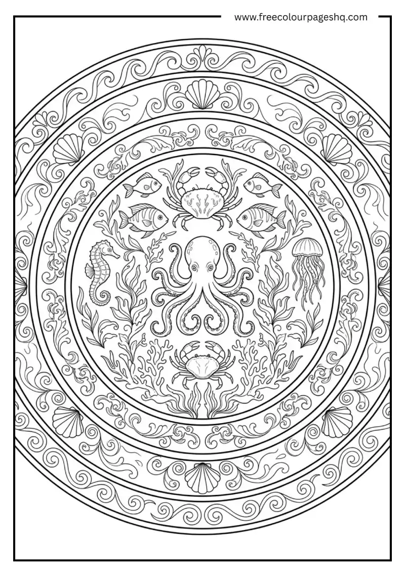 beach mandala sea creatures coloring page for adults