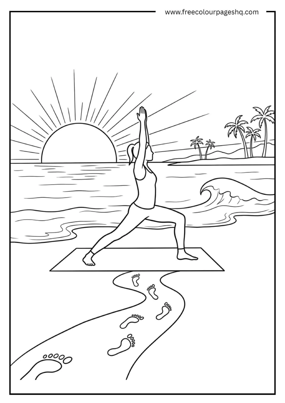 beach yoga sunrise coloring page for adults