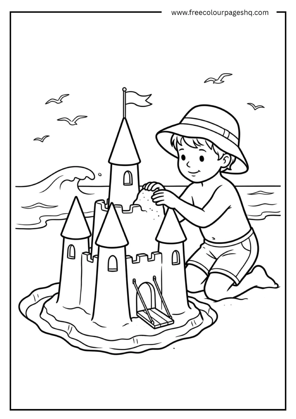child building sandcastle beach coloring page