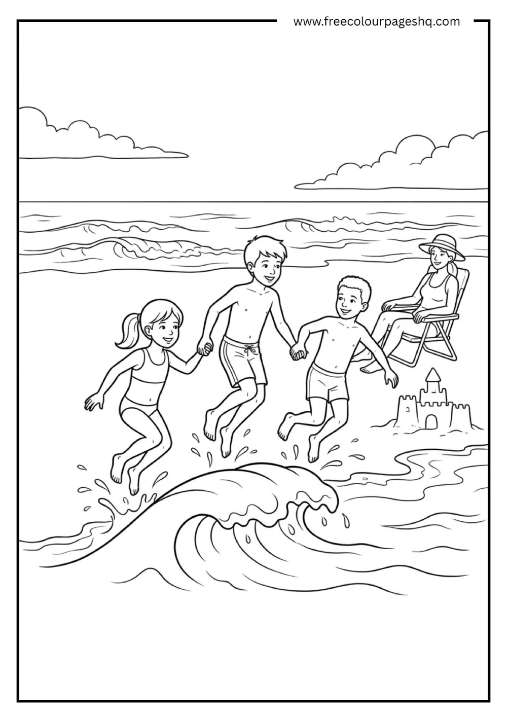children jumping waves beach coloring page