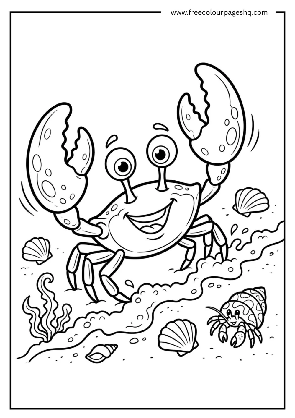 cute crab on beach coloring page for kids