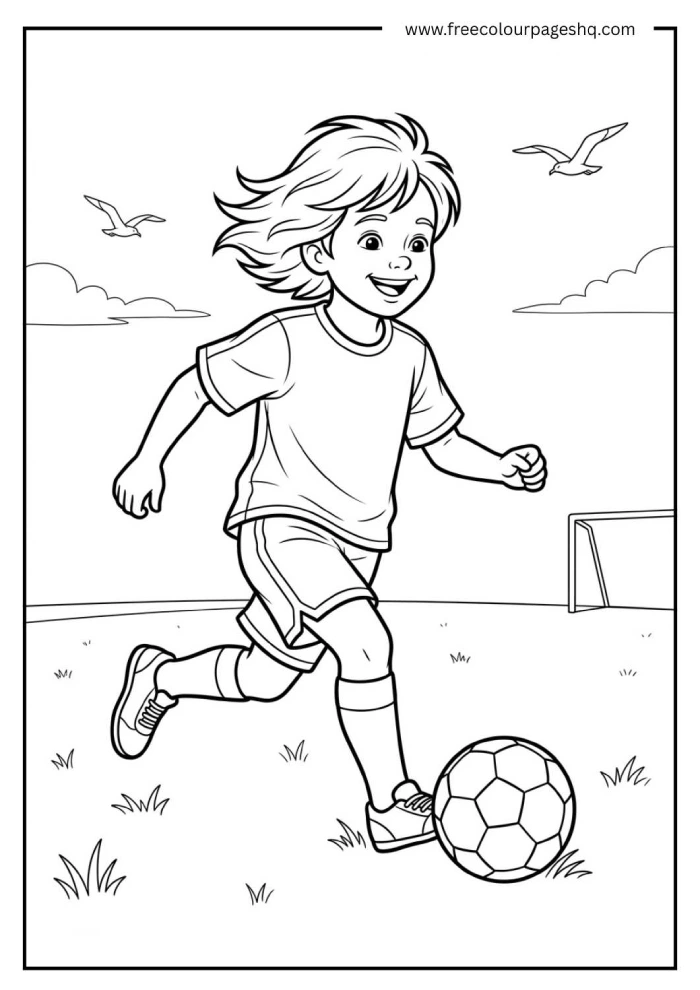 cute soccer player running coloring page for kids